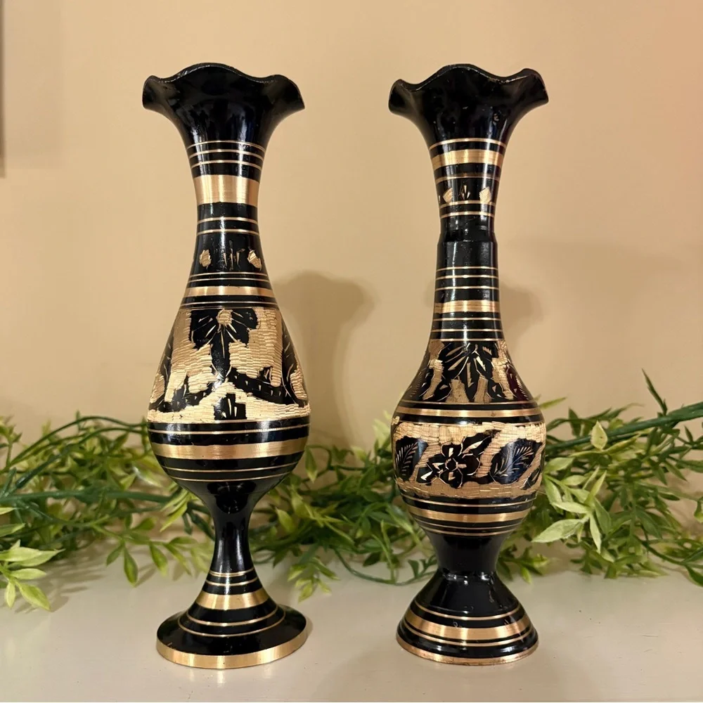Pair of Vintage Indian Brass Vases - Black Enamel with Hand Etched Design